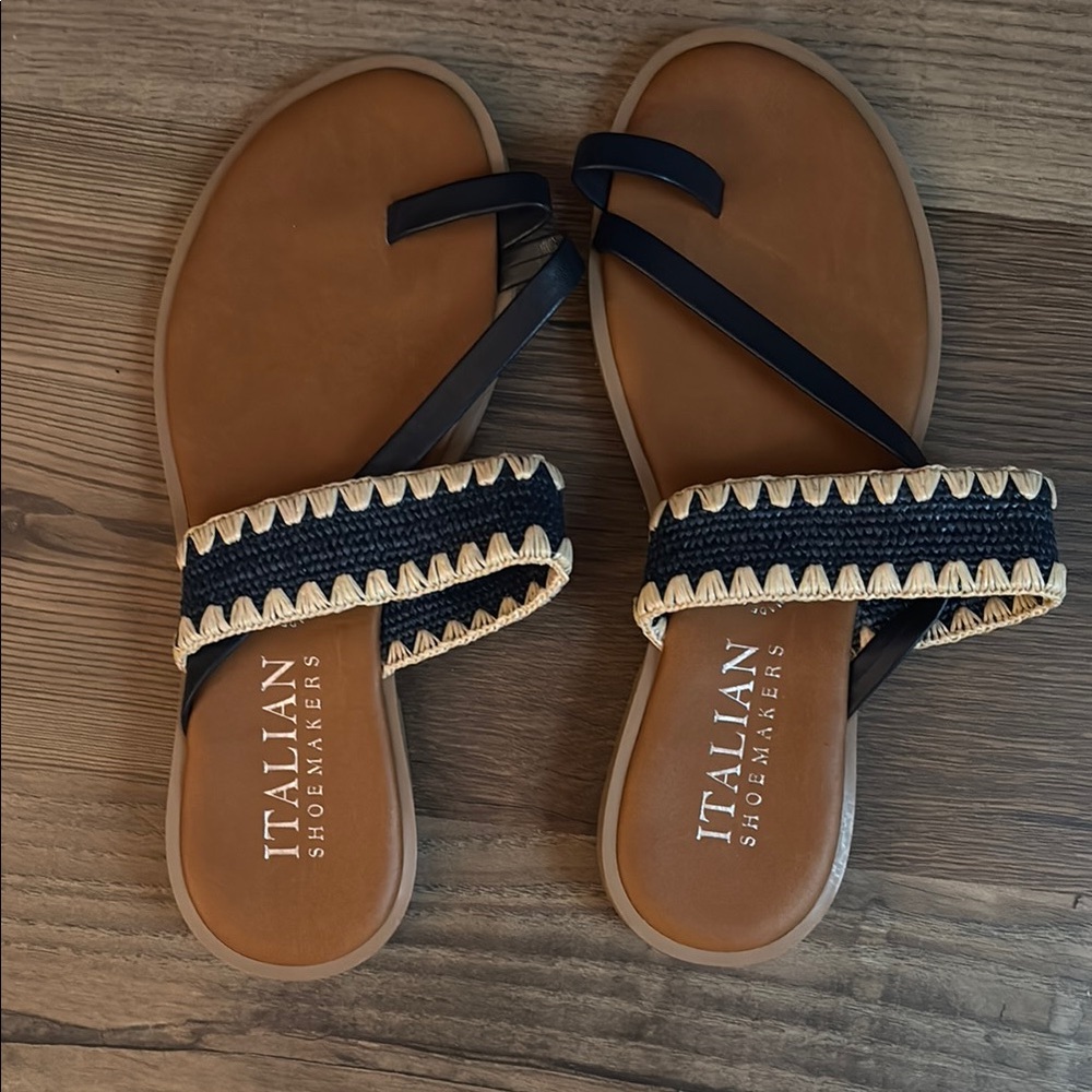 Italian Shoemakers Navy and Tan Sandals with Geometric Band